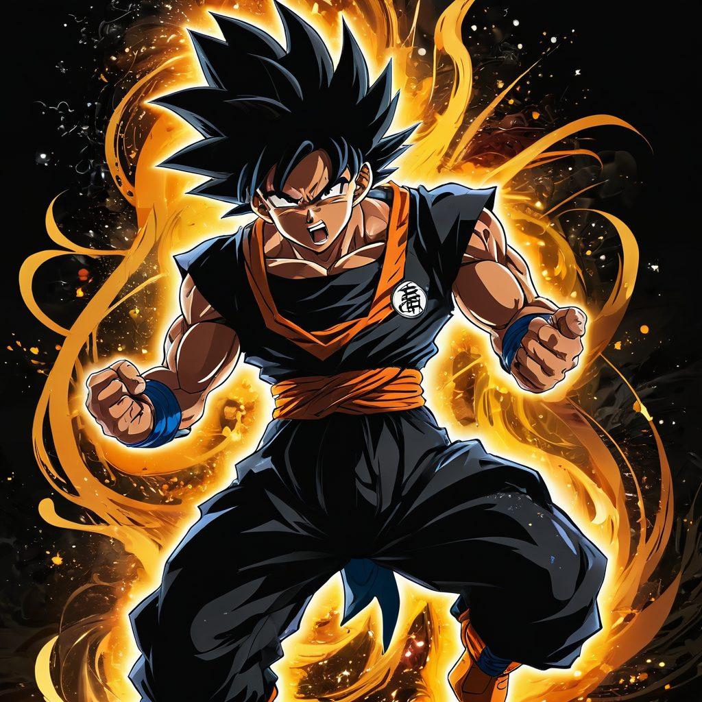 A dynamic illustration of Black Goku in a powerful stance, surrounded by swirling energy and vibrant anime-inspired effects. Incorporate elements representing the blogosphere, like stylized speech bubbles and various manga panels in the background. The color scheme should emphasize deep blacks and radiant golds to highlight Goku's intense presence. Include hints of iconic anime motifs, such as stars and speed lines, to enhance the overall energy. vibrant colors. anime style.