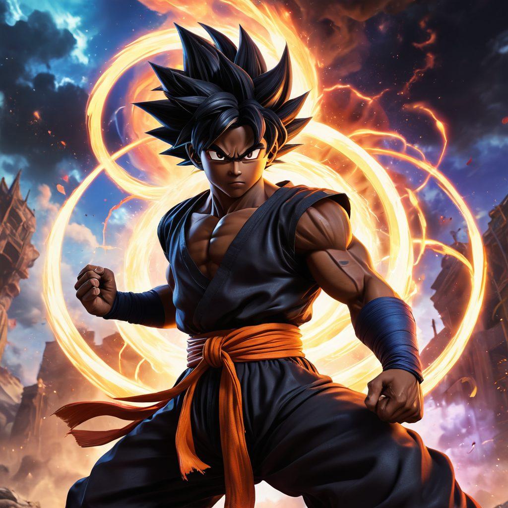 A dynamic scene featuring Black Goku in an epic battle pose, surrounded by a swirling energy aura that symbolizes creativity and inspiration. Include elements representing various anime topics like dialogue bubbles filled with popular themes, and engaging visuals of other anime characters in the background. The color palette should be vibrant and energetic, creating an atmosphere of excitement and engagement. super-realistic. vibrant colors. action-packed.