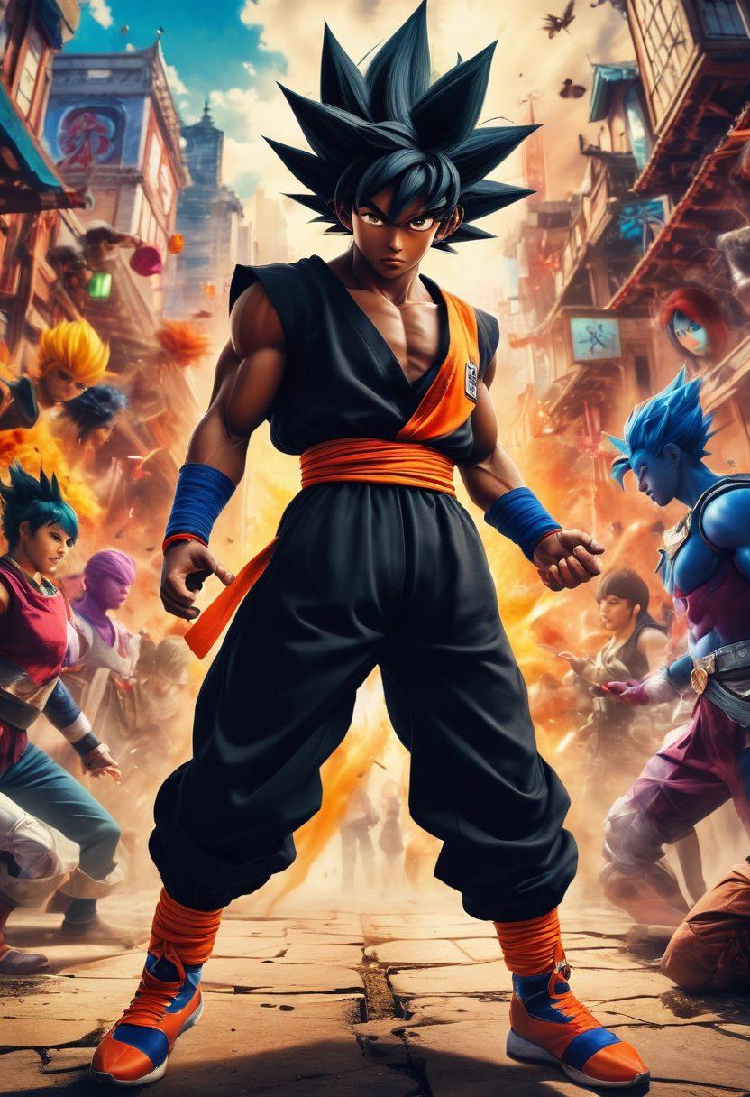 A dynamic scene featuring Black Goku in a powerful pose, surrounded by vibrant cosplayers showcasing their interpretations of his iconic look. The backdrop should include elements from popular anime and manga, such as colorful action scenes and recognizable symbols. Add a collage of blog posts and sketches to symbolize the blogging world. This should evoke a sense of celebration and creativity in the anime community. super-realistic. vibrant colors. dynamic composition.